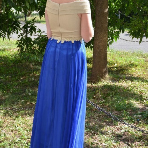 Rochie de seara din tul albastru si tesatura aurie cu fronseuri - Img 4