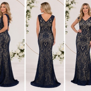 Rochie de seara lunga, bleumarin, dantela si trena spectaculoasa - Img 3