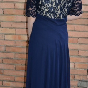 Rochie de seara lunga, masura mare, din voal si dantela bleumarin - Img 4