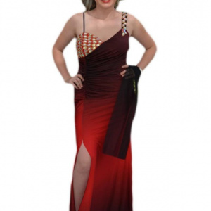 Rochie de seara lunga, rosie, cu insertii de strass-uri mari multicolore - Img 1