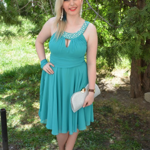 Rochie de seara masura mare, model scurt de nuanta turcoaz - Img 3