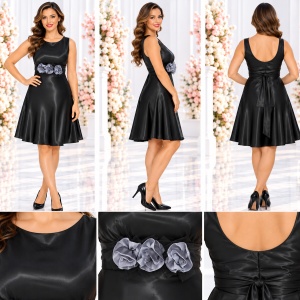 Rochie de seara neagra, din saten, de lungime medie si bretele late - Img 2