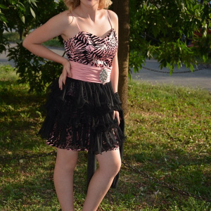 Rochie de seara scurta, animal-print, o parte detasabilla, roz cu negru - Img 3