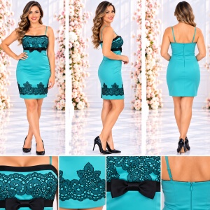 Rochie de seara scurta, din saten turcoaz si broderie neagra ca design - Img 2