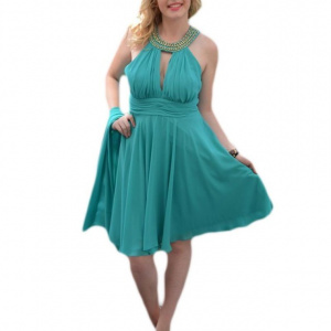 Rochie de seara scurta, din voal turcoaz, cu insertii de strasuri - Img 1