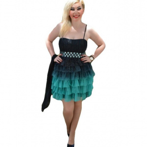 Rochie de seara scurta, neagra cu turcoaz, model cu sclipici in tesatura - Img 1