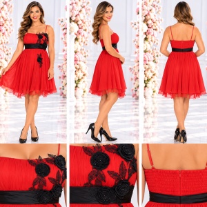Rochie de seara scurta, rosie, usor evazata, insertie de flori negre - Img 2