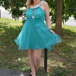 Rochie de seara scurta turcoaz, cu insertii de margele si straturi de tul - Img 6