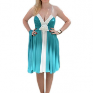 Rochie de seara scurta, turcoaz, cu insertii din voal alb pentru design - Img 1