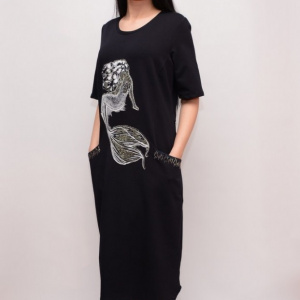 Rochie de tineret cu maneca scurta, bleumarin, cu imprimeu alb - Img 4