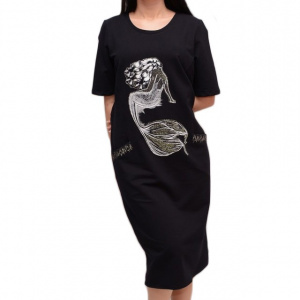 Rochie de tineret cu maneca scurta, bleumarin, cu imprimeu alb - Img 1
