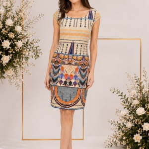 Rochie de vara cu maneci scurte si imprimeu abstract multicolor