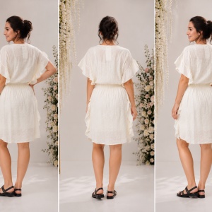 Rochie de vara din bumbac Paula cu imprimeu de stelute, nuanta crem deschis - Img 2