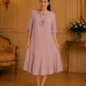 Rochie de vara Reagan cu insertii de dantela nuanta de pudra