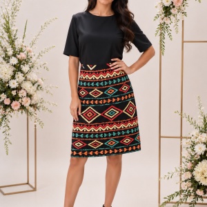 Rochie de zi cu imprimeu traditional,culoarea neagra