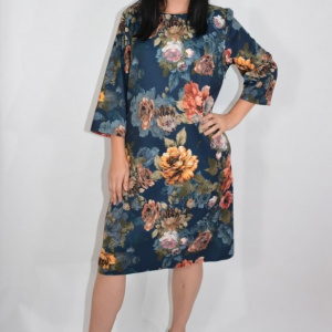 Rochie de zi Fevine cu model floral tip mozaic pe fundal bleumarin - Img 4