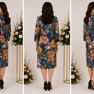 Rochie de zi Fevine cu model floral tip mozaic pe fundal bleumarin - Img 2
