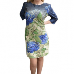 Rochie deosebita cu imprimeu floral bleumarin pe fond verde - Img 1