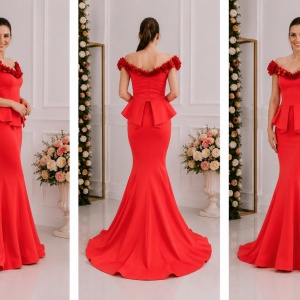 Rochie deosebita de seara, rosie, tip sirena cu peplum in talie - Img 3