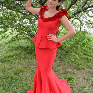Rochie deosebita de seara, rosie, tip sirena cu peplum in talie - Img 7