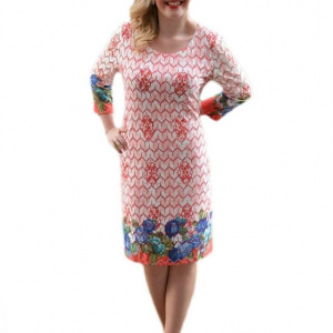 Rochie deosebita din material corai cu aspect de dantela cu flori - Img 1