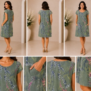 Rochie din In Verde Salvie cu Imprimeu Botanic și Buzunare – Natura - Img 2