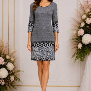 Rochie elegantă alb-negru cu imprimeu geometric și floral