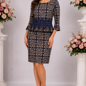 Rochie elegantă bleumarin cu imprimeu floral auriu, dantelă decorativă în talie și croi cambrat