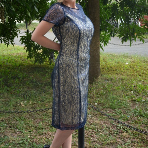 Rochie eleganta, de culoare bleumarin, din material cu paiete - Img 3