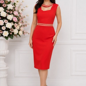Rochie eleganta, de culoare rosie, cu design de strasuri aplicate