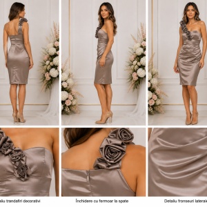 Rochie elegantă din satin nisipiu cu trandafiri decorativi și croială cambrată - Img 2