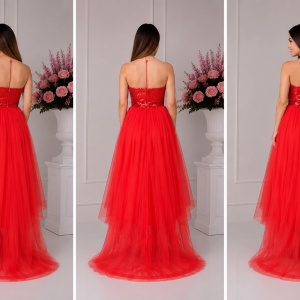 Rochie eleganta din tul subtire, rosie, cu paiete si broderie - Img 2