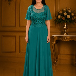 Rochie eleganta din voal combinat cu dantela si perle, greenery