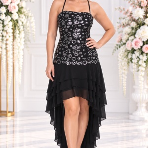 Rochie eleganta lunga, insertii de paiete argintii si trena din volanase