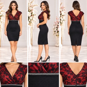 Rochie elegantă neagră cu dantelă roșie și decolteu în V – model conic de ocazie - Img 2