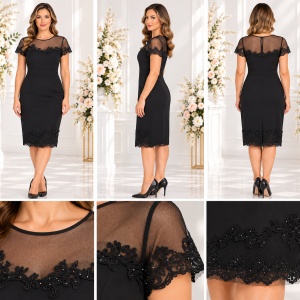 Rochie elegantă neagră cu dantelă și tull, aplicații decorative – croială conică - Img 2
