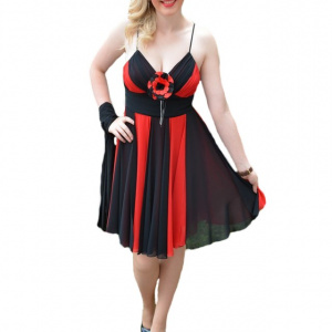 Rochie eleganta , rosie , cu benzi negre din voal