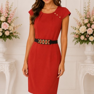 Rochie elegantă roșie cu curea decorativă și detalii aurii