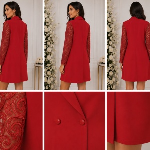 Rochie elegantă tip sacou cu mâneci din dantelă – Roșu - Img 2