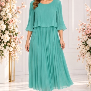 Rochie elegantă turcoaz plisată, vaporoasă, cu mâneci 3/4