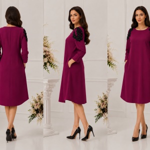 Rochie fashion cu insertie tip plasa la umar si aplicatii florale - Img 3