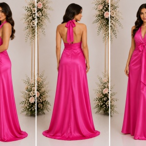 Rochie fashion de seara, din saten lucios de nuanta roz intens - Img 3