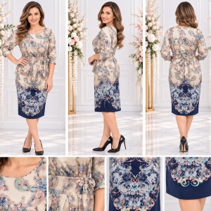 Rochie feminina, culoare bej-bleumarin cu imprimeu - Img 2