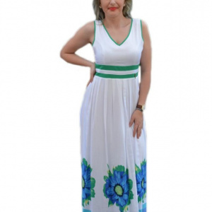Rochie lejera de vara, flori verzi pe fond alb, model lung - Img 1