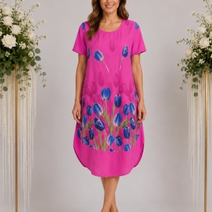 Rochie lejeră din in și bumbac cu imprimeu floral – fucsia, croi confortabil de vară