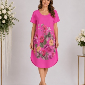 Rochie lejeră din in și bumbac cu imprimeu floral – roz, croi confortabil de vară