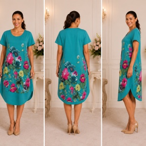 Rochie lejeră din in și bumbac cu imprimeu floral –turcoaz, croi confortabil de vară - Img 2