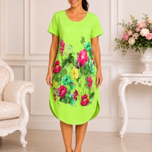 Rochie lejeră din in și bumbac cu imprimeu floral –verde fistic, croi confortabil de vară