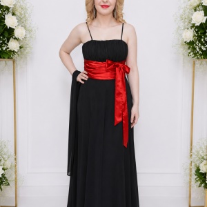 Rochie lunga de gala, model simplu, clasic, neagra cu detaliu rosu