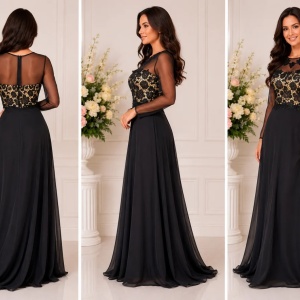 Rochie lunga de seara cu broderie florala 3D, culoare neagra - Img 2